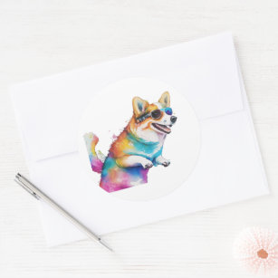 large corgi with sunglasses water colour style classic round sticker