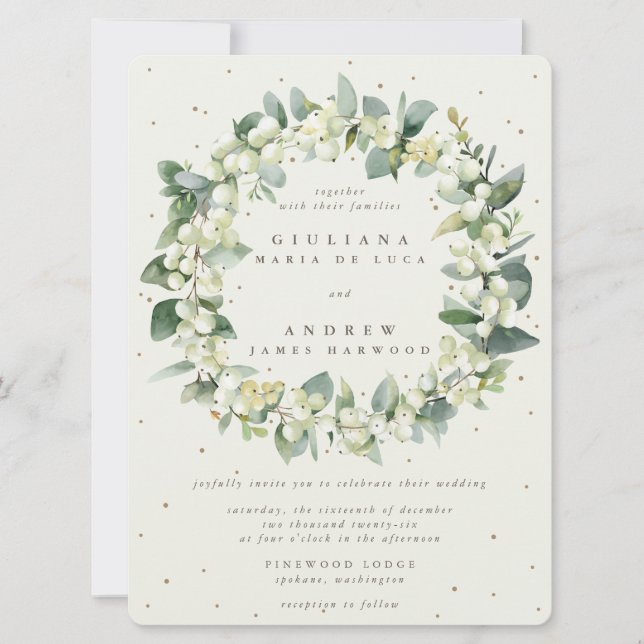 Large Cream Snowberry + Eucalyptus Wreath Wedding Invitation (Front)
