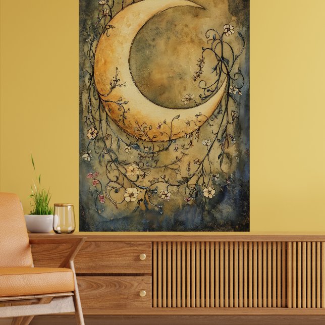 large crescent moon surrounded by delicate floral  poster (Living Room 2)