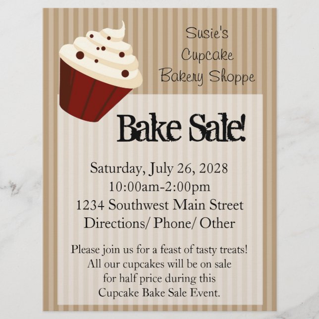 Large Cupcake, Soft Mocha Stripes Bake Sale Flyers (Front)