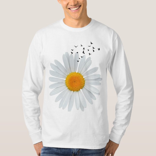 Large Daisy Flower with Flock of Flying Birds.  T-Shirt (Front)
