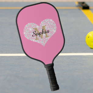 Large Diamond Heart, Gold Monogram, Name, Pink Pickleball Paddle