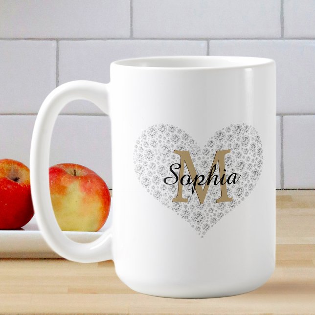 Large Diamond Heart, Gold Monogram, Script Name Coffee Mug (Creator Uploaded)