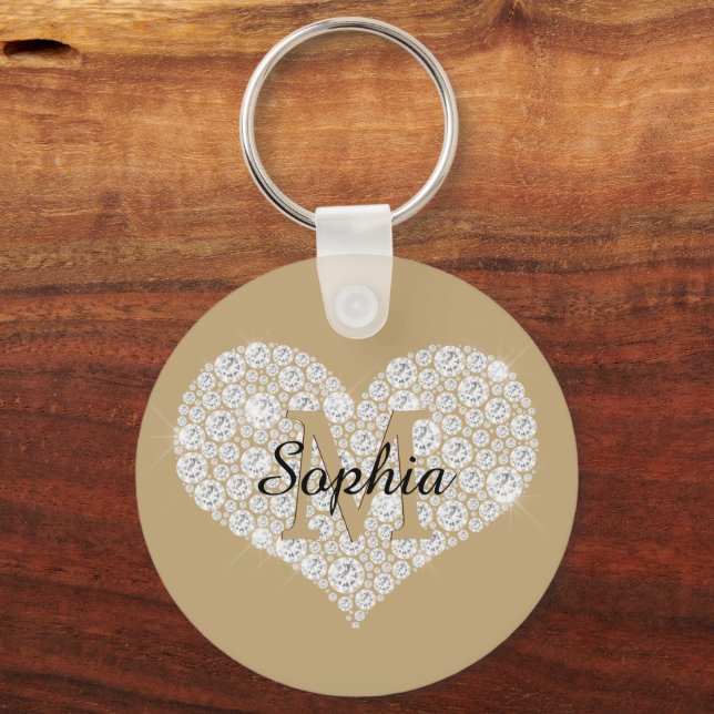 Large Diamond Heart, Gold Monogram, Script Name Key Ring (Front)