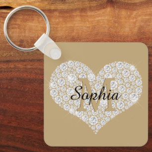 Large Diamond Heart, Gold Monogram, Script Name Key Ring