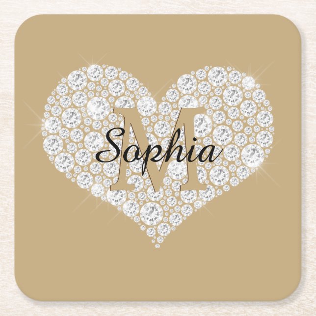 Large Diamond Heart, Gold Monogram, Script Name Square Paper Coaster (Front)