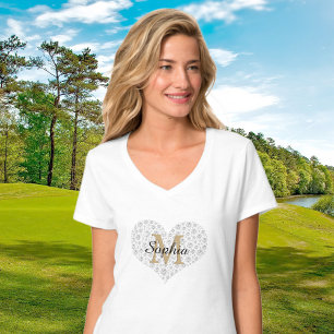Large Diamond Heart, Gold Monogram, Script Name T-Shirt