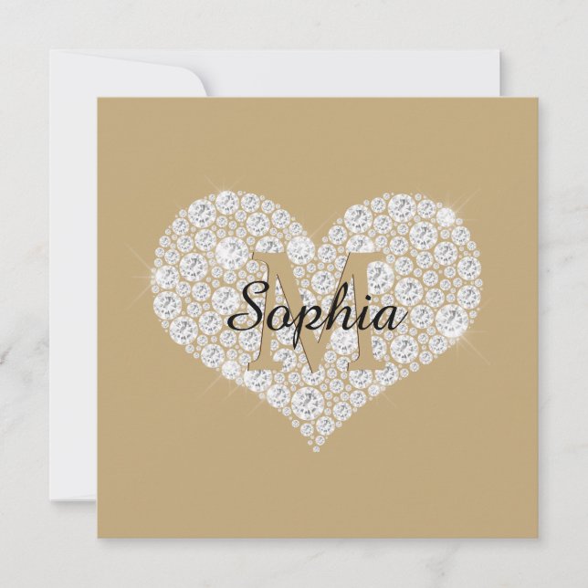Large Diamond Heart, Gold Monogram, Script Name Thank You Card (Front)