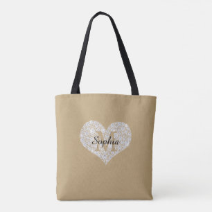 Large Diamond Heart, Gold Monogram, Script Name Tote Bag