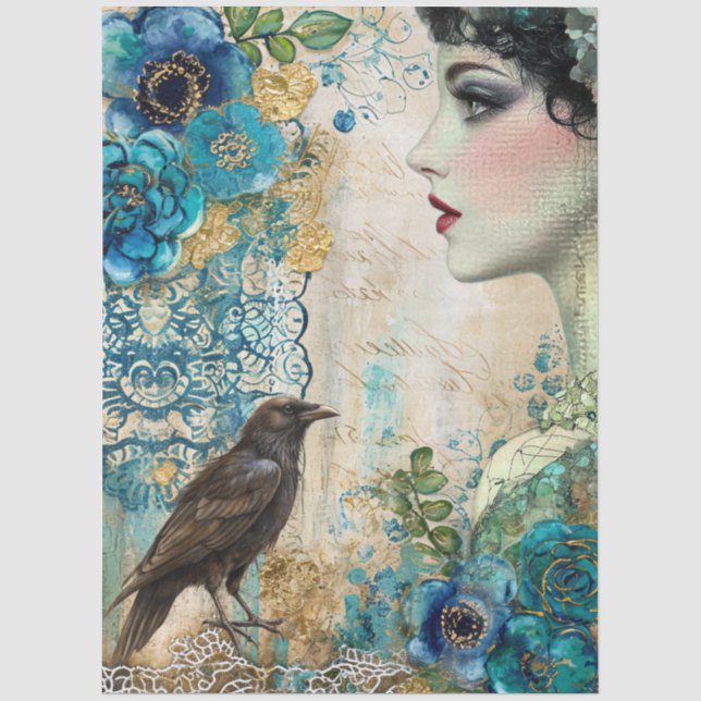 Large Distressed Teal Blue Gold Florals & Raven Tissue Paper (Front)