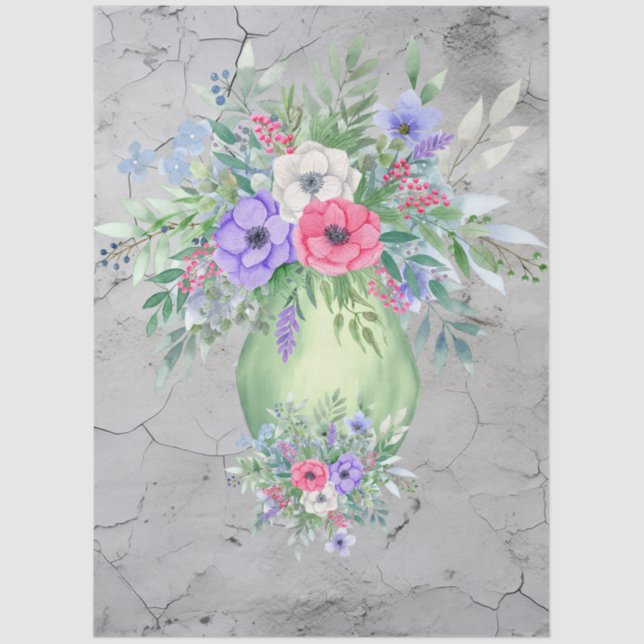 Large Distressed Watercolor Vase of Flowers Tissue Paper (Front)