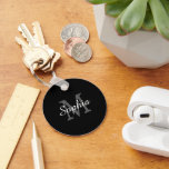 Large Dk Grey Monogram, White Script Name, Black Key Ring<br><div class="desc">Personalise large dark grey monogram and name in white script on black background.</div>