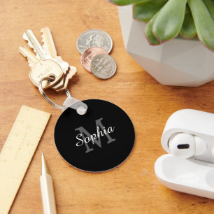 Large Dk Grey Monogram, White Script Name, Black Key Ring