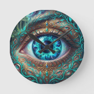Large Electric Blue Eye In Fantasy Scene Round Clock