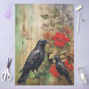 Large Elegant Distressed Florals & Raven Decoupage Tissue Paper