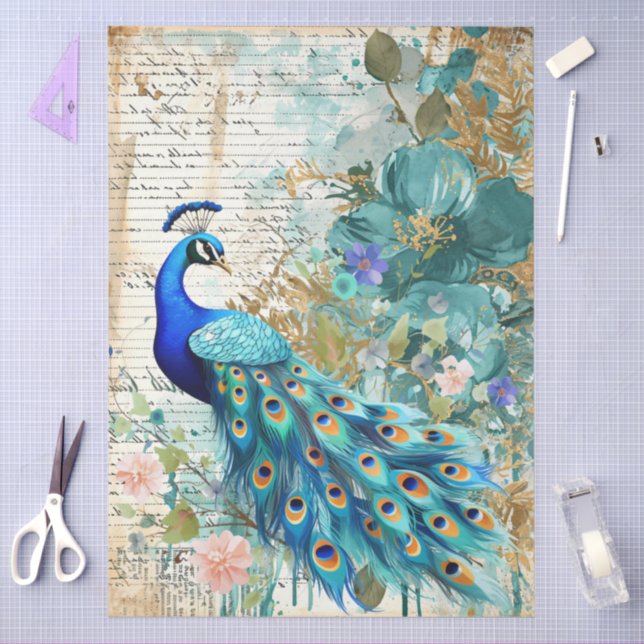Large Elegant Peacock, Florals & Script Decoupage Tissue Paper (Craft)
