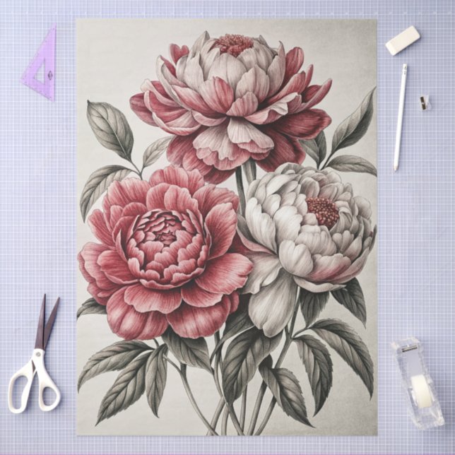 Large Elegant Peonies Furniture Decoupage Tissue Paper (Craft)