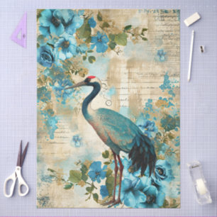 Large Elegant Watercolor Florals & Crane Decoupage Tissue Paper