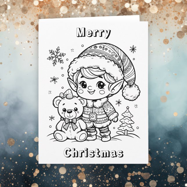 Large Elf and Teddy Bear Christmas Colour Me Card (Creator Uploaded)