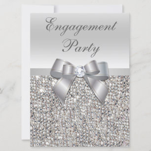 Large Engagement Party Faux Silver Sequins Bow Invitation