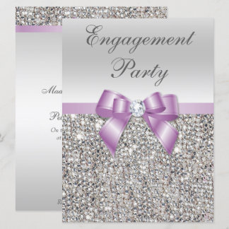 Large Engagement Party Silver Sequins Lilac Bow Invitation