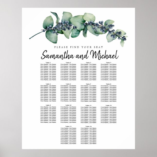 Large Eucalyptus Berry 14-Table Seating Chart (Front)