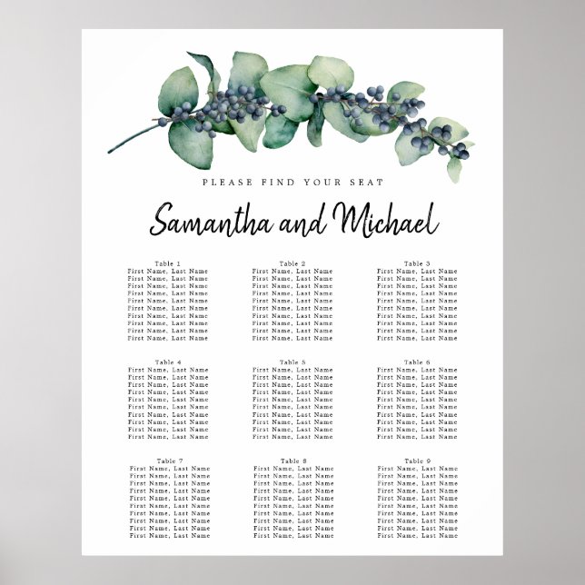 Large Eucalyptus Berry 9-Table Seating Chart (Front)