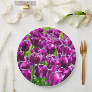 Large field of purple tulips paper plate
