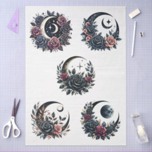 Large Floral Goth Crescent Moons & Roses Decoupage Tissue Paper