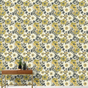 Large Floral Green White and Grey Wallpaper