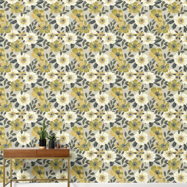 Large Floral Green White and Grey Wallpaper (Hallway)