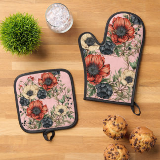 Large Florals Rich Rust, Deep Purple, Cream Oven Mitt & Pot Holder Set
