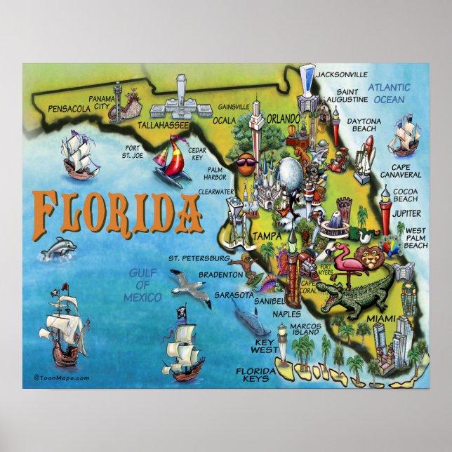 Large Florida Cartoon Map Poster (Front)