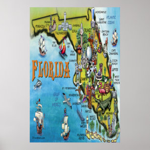 Large Florida Cartoon Map Poster