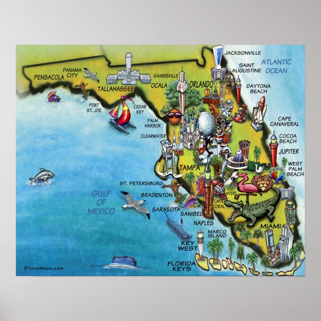 Large Florida Cartoon Map Poster (Front)