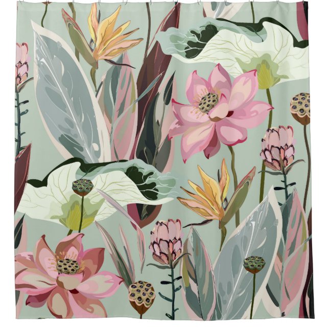 Large Flowers Vintage Floral Illustration Shower Curtain (Front)