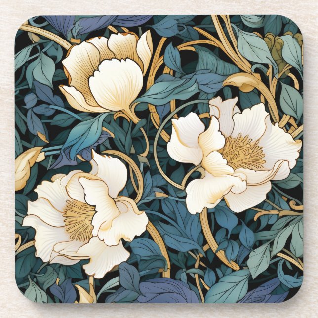 Large Flowers William Morris Inspired Hard Plastic Coaster (Front)