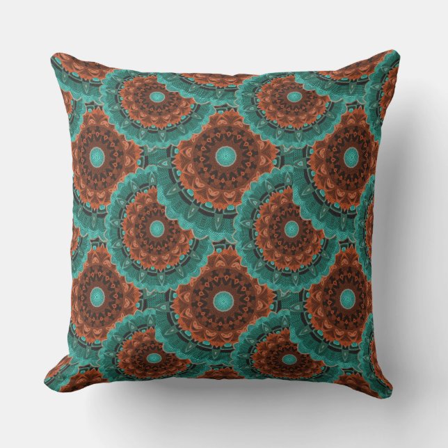 Large Flowery Teal Brown Orange Pattern Cushion (Front)