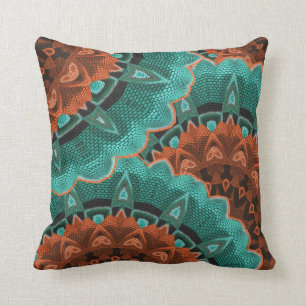 Large Flowery Teal Brown Orange Pattern Cushion