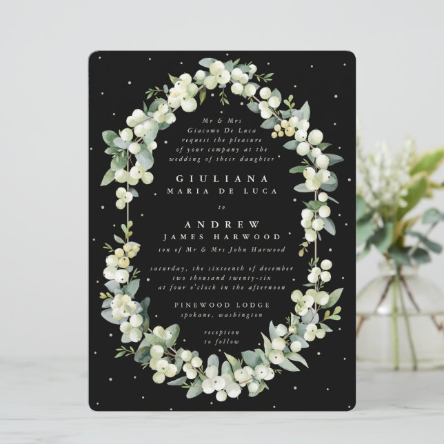 Large Formal Black Snowberry + Eucalyptus Wedding Invitation (Standing Front)