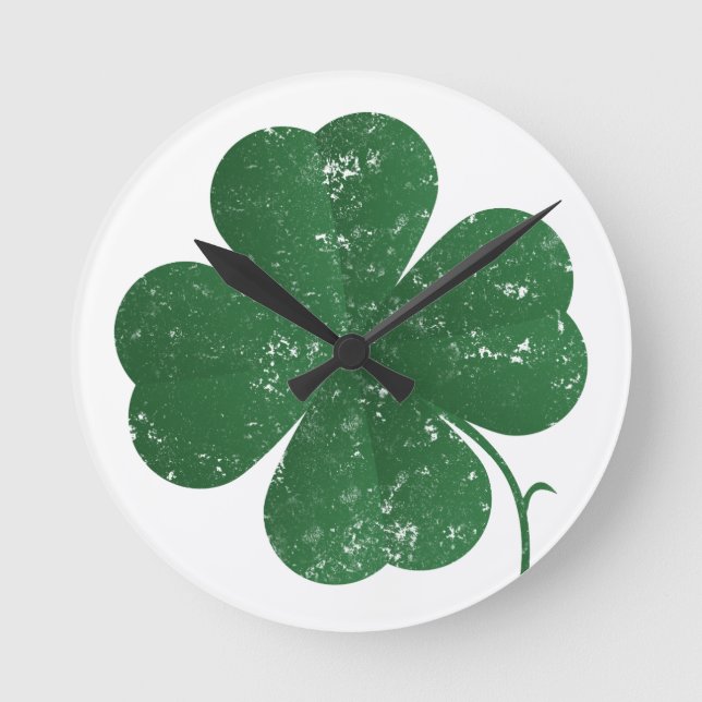 Large Four Leaf Clover - vintage style Round Clock (Front)