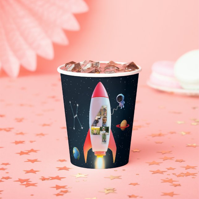 Large Four with Photos | Space Rocket 4th Birthday Paper Cups (Insitu)