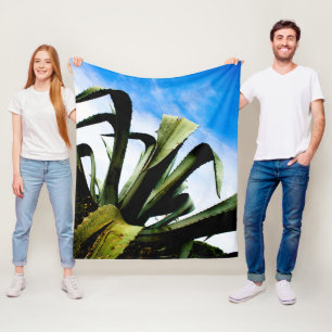 Large Giant Green Aloe Plant with Bright Blue Sky Fleece Blanket
