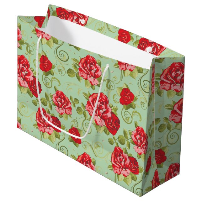 Large Gift Bag-Red Roses Print Bag (Front Angled)