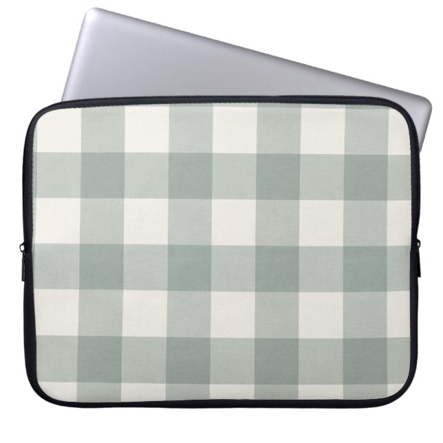 Large gingham checks plaid light sage green laptop sleeve (Front)
