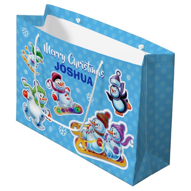 Large glossy gift bag Winter Wonderland Snowfolk. (Front Angled)