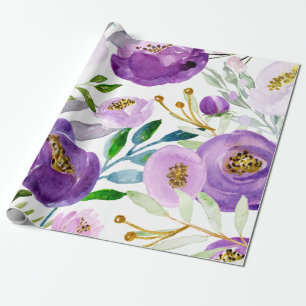 Large Gold and Ultraviolet Floral Pattern Wrapping Paper