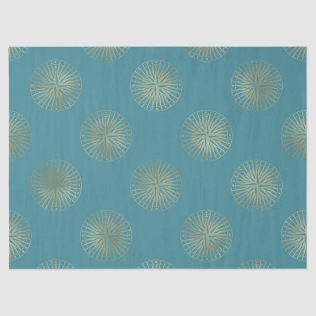 Large Gold Compasses on Teal Decoupage Tissue Paper (Front)