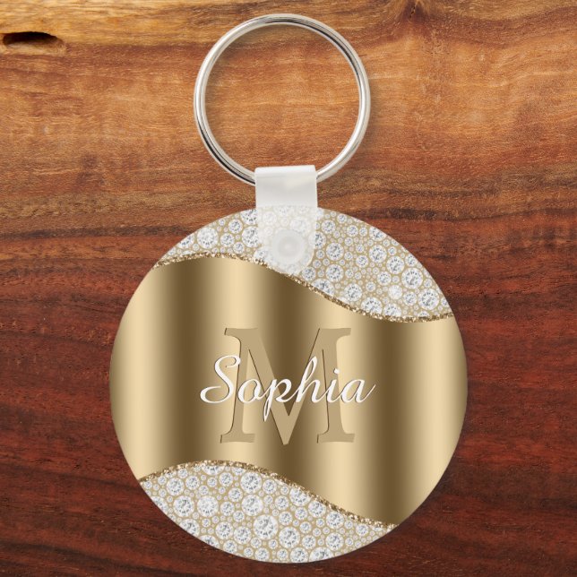 Large Gold Monogram, White Script Name, Diamonds Key Ring (Front)