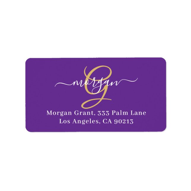 Large Gold Monogram, White Script Name, Purple Label (Front)